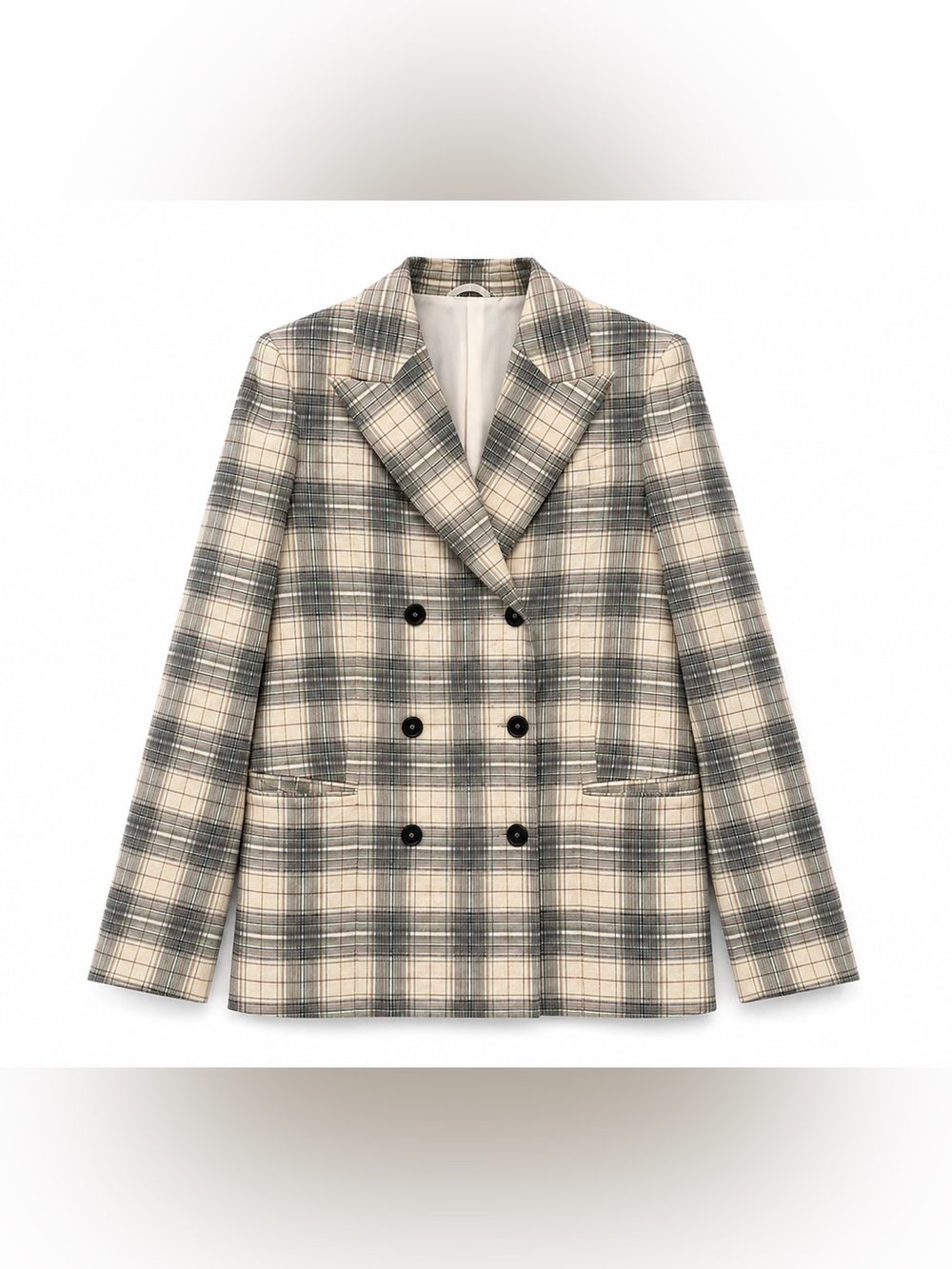 🚩steal Brunello Cucinelli Cream and Gray Plaid Double-Breasted Blazer